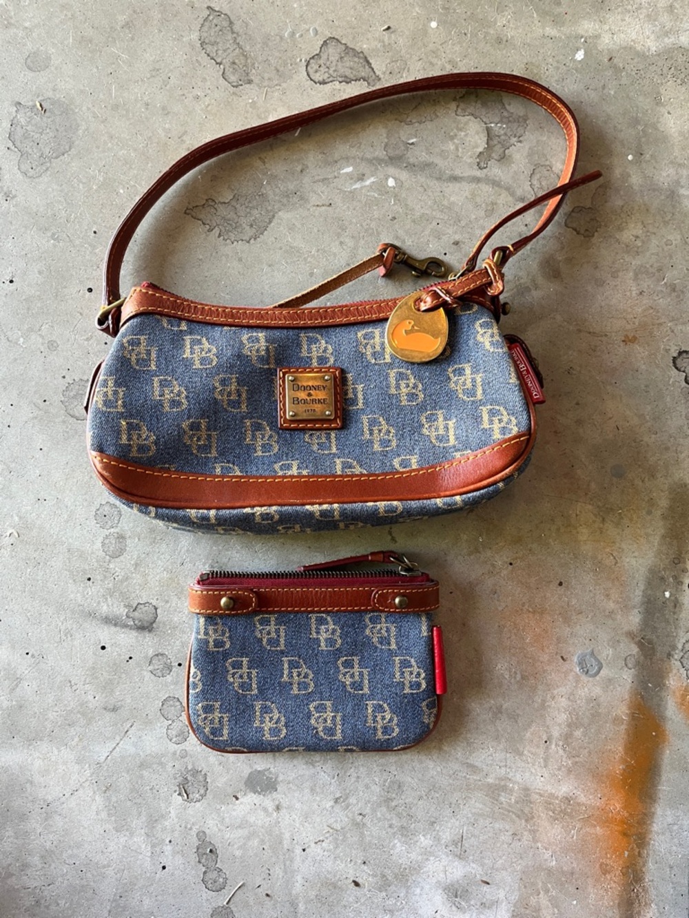 Dooney & Bourke Blue Denim Monogram Shoulder Bag with Brown Leather Trim